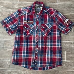 Affliction Button Up Men's Red Plaid Shirt